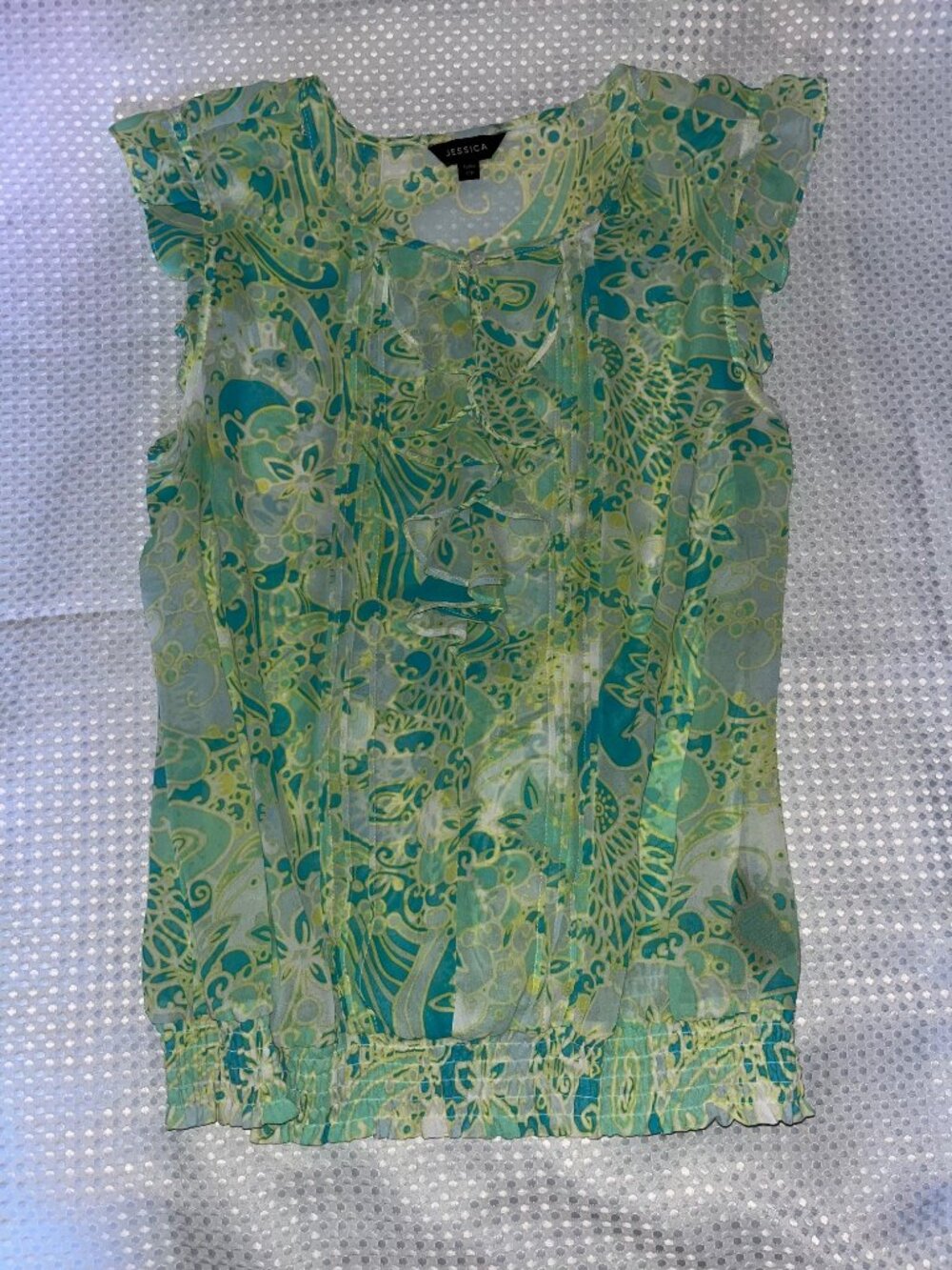 Vintage Jessica Green Abstract Paisley Ruffle Smocked Blouse M
